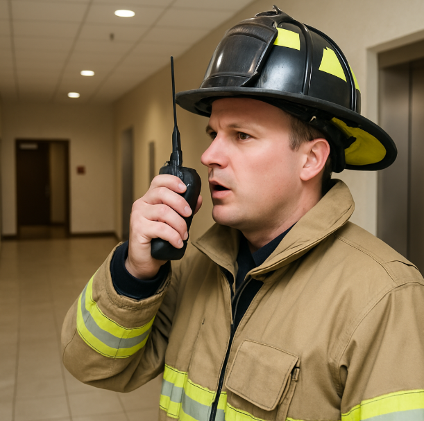 Public Safety DAS Firemen using a Portable Two-Way Radio in emergency situation