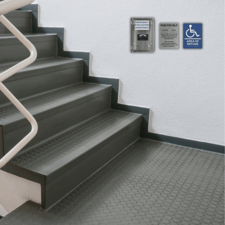 Stairwell with emergency communication signs for area of refuge
