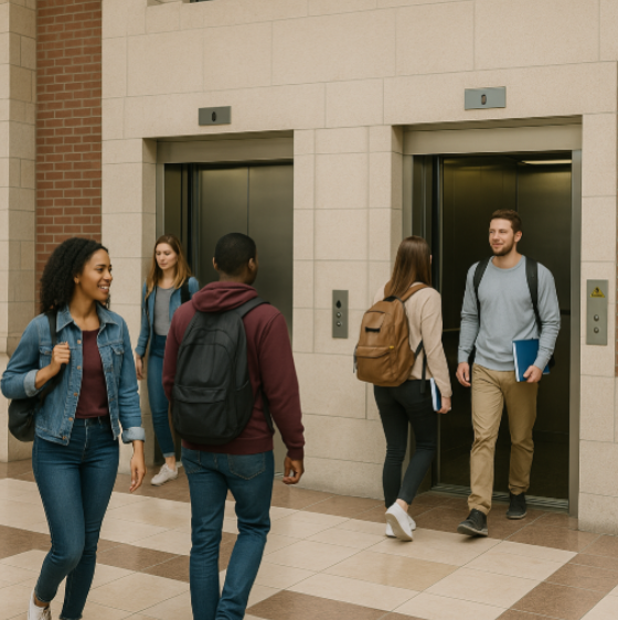College students walking into an elevator