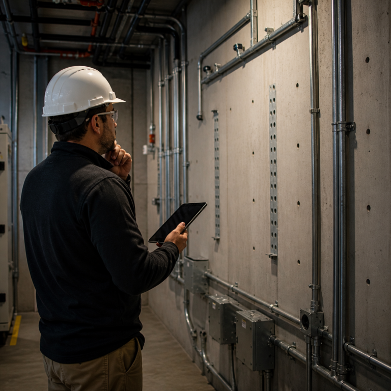 Technician wearing a hard hat inspecting public safety DAS infrastructure and conduit pathways in a building utility room. The image accompanies the article "How to Choose the Right Public Safety DAS for Your Building," which explains key factors for selecting the appropriate emergency responder communication enhancement system (ERCES) and distributed antenna system (DAS) for commercial facilities.