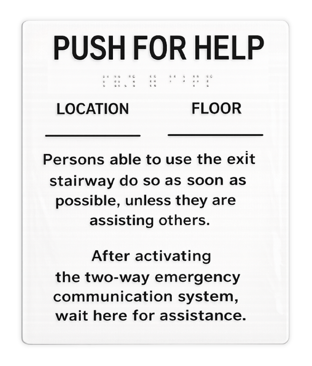 Image of Call Box Instruction Sings 7049 "Person able to use the exit stairway do so as soon as possible, unless they are assisting others. After activiting the two-way emergency communication system, wait here for assistance."