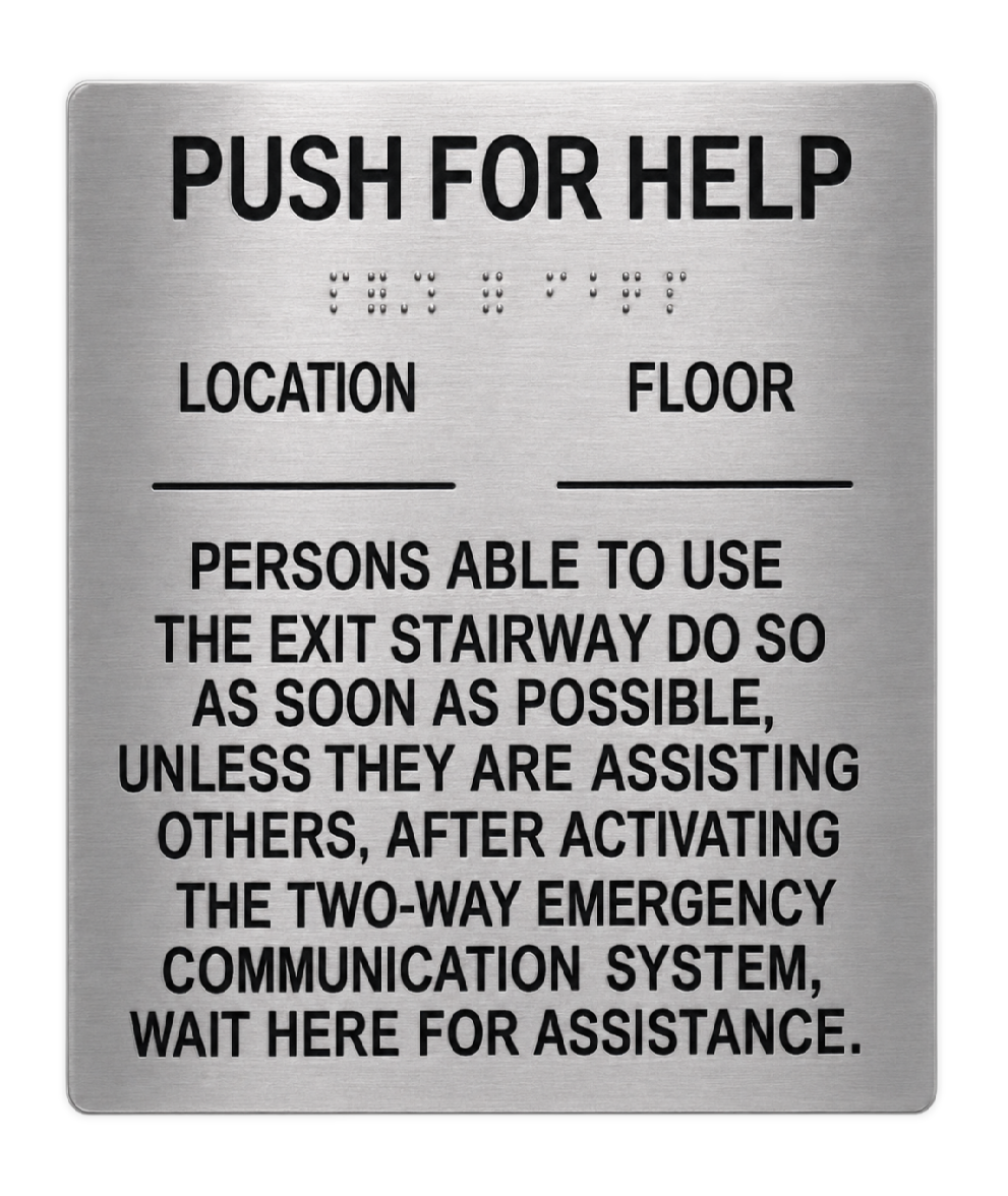 Image of Call Box Instruction Sings 7049LSS "Person able to use the exit stairway do so as soon as possible, unless they are assisting others. After activiting the two-way emergency communication system, wait here for assistance."
