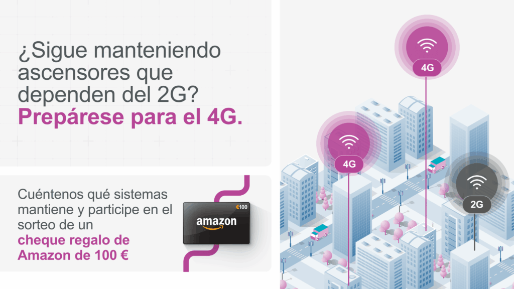 MICROKEY 7 Banner sobre la transición del 2G al 4G en ascensores, con una ilustración de edificios conectados y una invitación a participar en el sorteo de un cheque regalo de Amazon de 100 €.